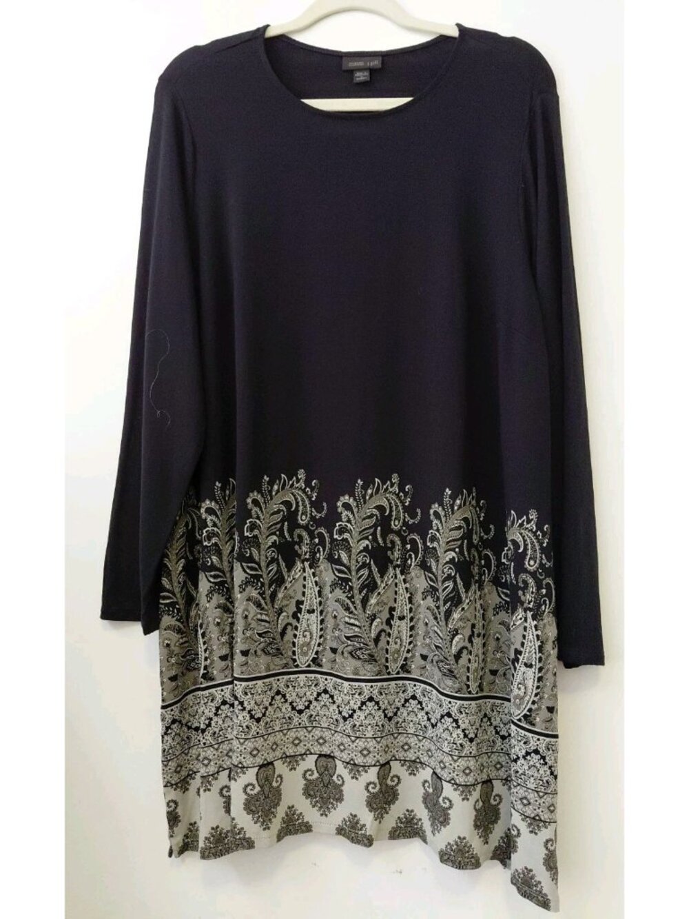 J. Jill Wearever Tunic Top Paisley Border Rayon Long Sleeves Black Gray 1X